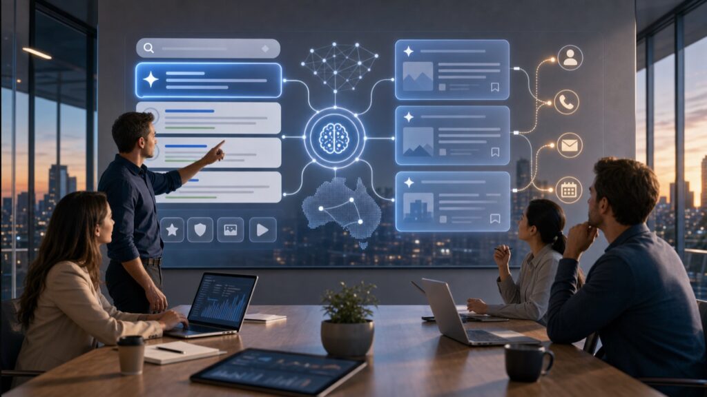 AI SEO trends in Australia showing AI search answer panels citation pathways organic results and conversion signals