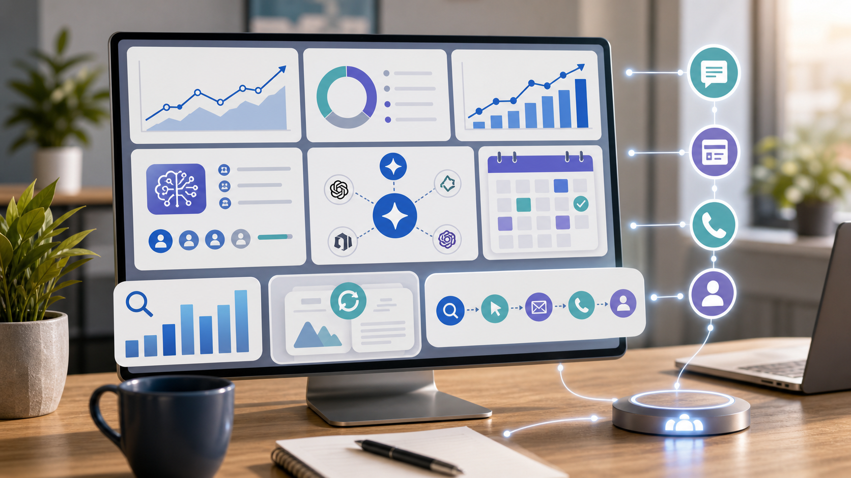 AI SEO reporting workflow with citation tracking content refresh calendar search visibility charts and conversion signals