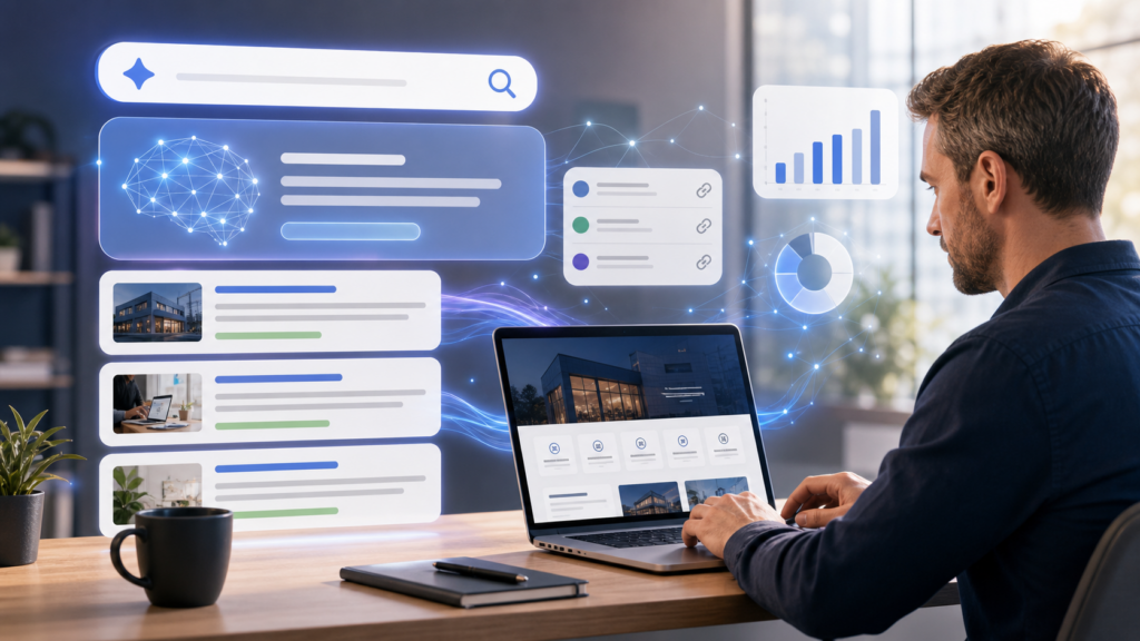 AI SEO trends concept showing search answer panels citation cards website content and analytics for AI Overviews