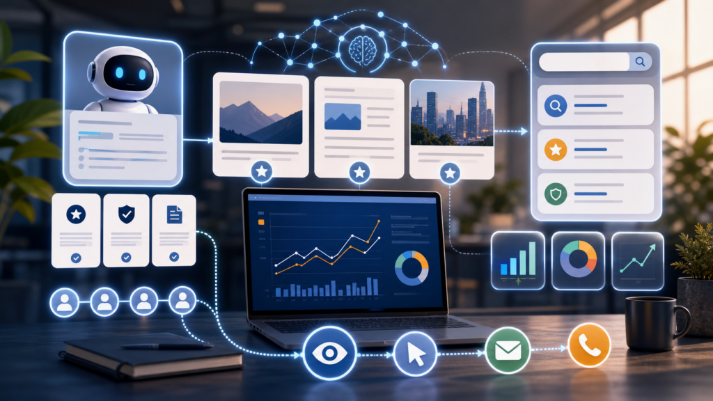 AI SEO measurement concept with AI answer panels traffic paths content cards conversion icons and analytics charts