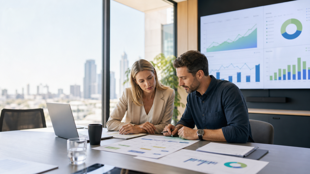 Australian marketers reviewing content marketing Australia ROI charts and content planning data