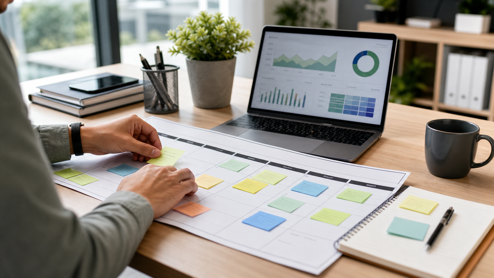 Content marketing Australia timeline calendar with planning notes and analytics dashboard