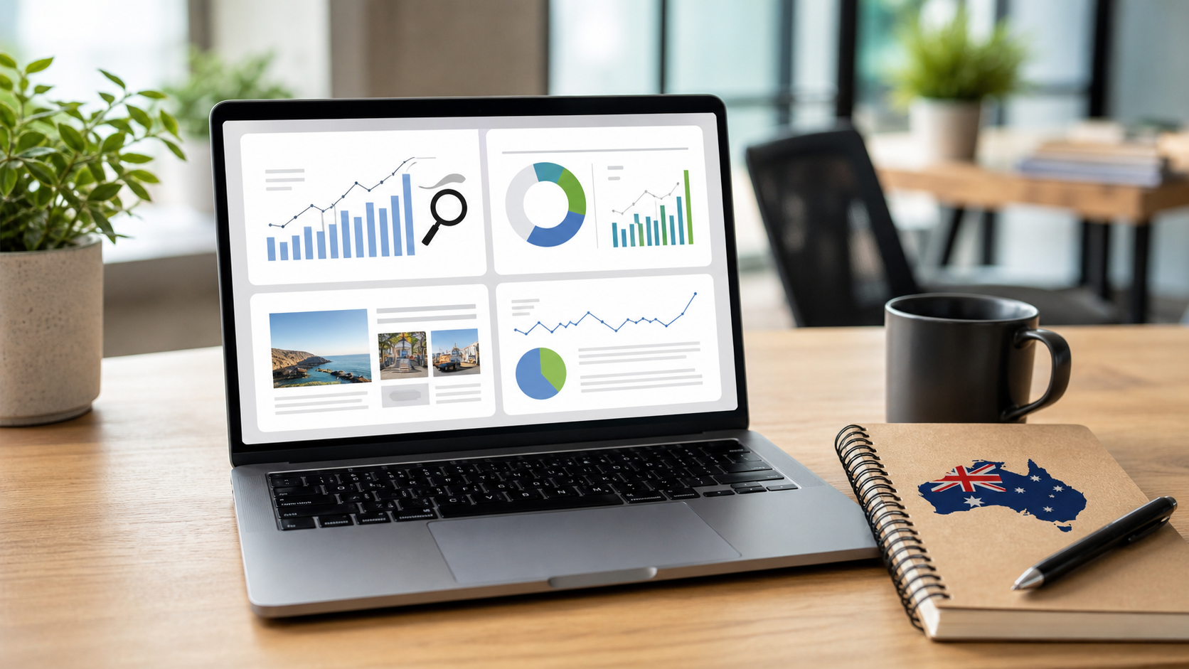 Digital marketing dashboard showing SEO, ads, content and reporting channels