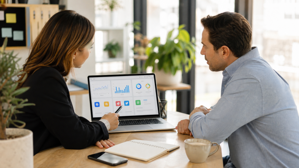 Australian business owner reviewing digital marketing agency Australia campaign analytics with a strategist