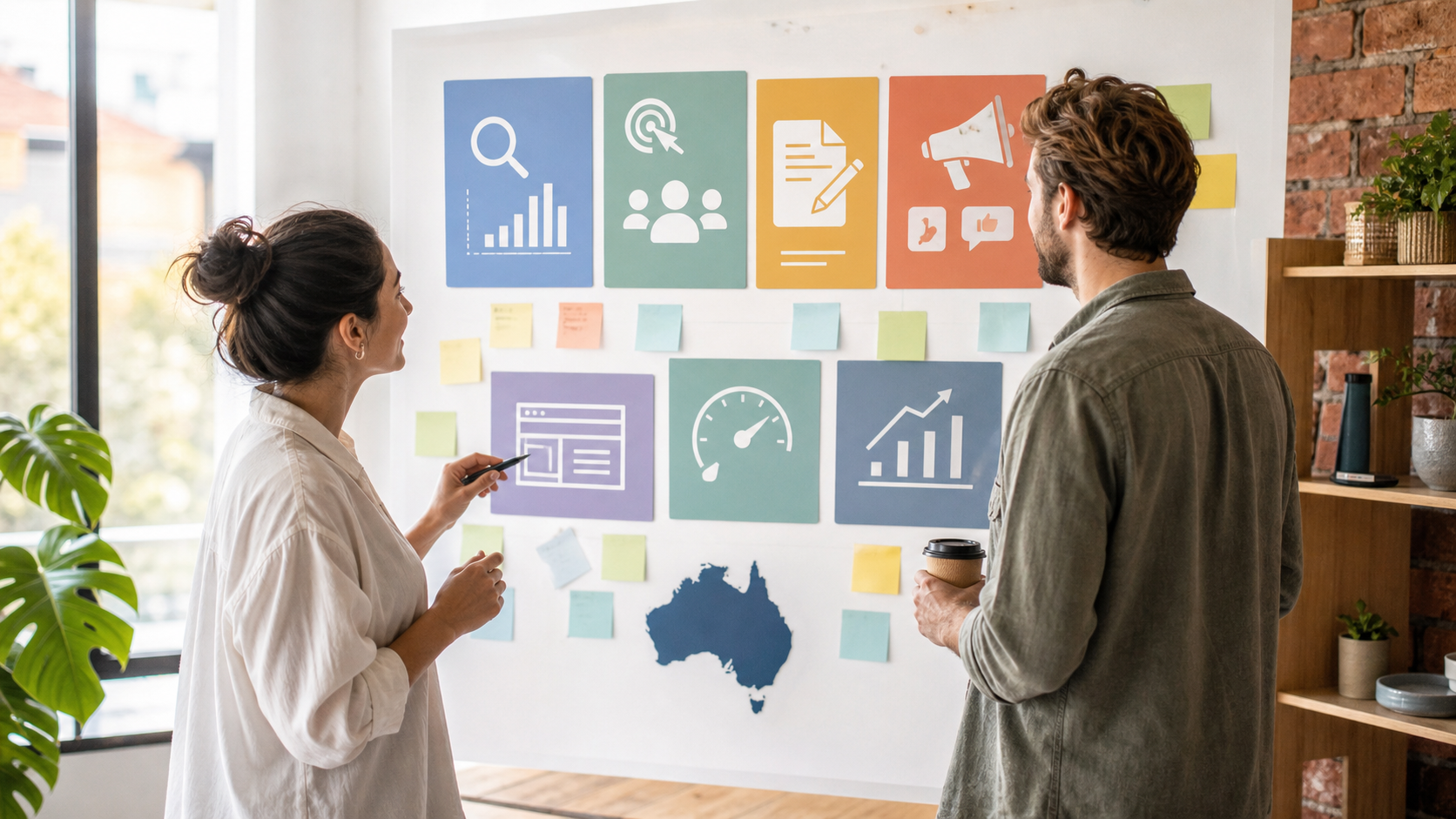Australian business team planning SEO ads content and website improvements with a marketing agency