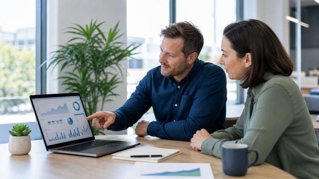 Australian business owner reviewing digital marketing ROI dashboard with strategist
