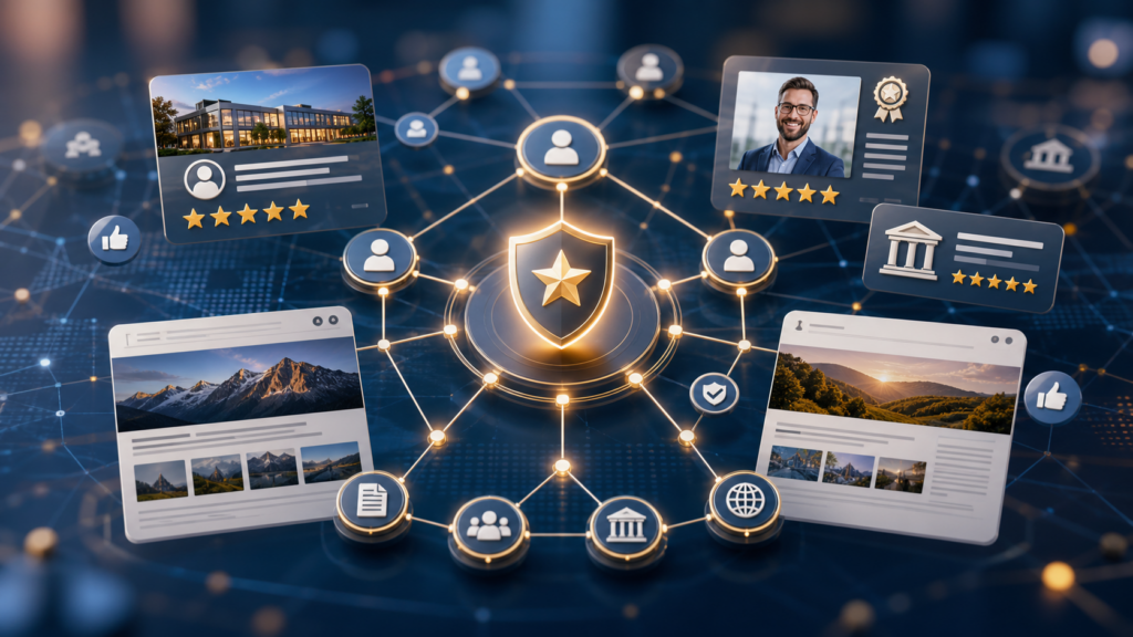 Entity SEO and brand trust concept with knowledge graph nodes reviews authority signals and citation pathways