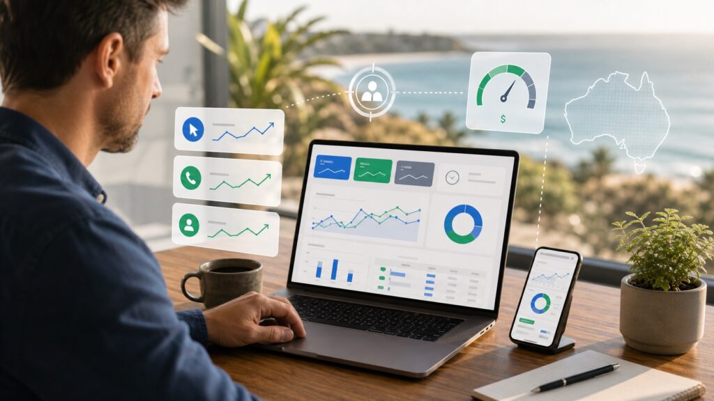 Australian business owner reviewing Google Ads style campaign performance, budget, and conversion dashboards