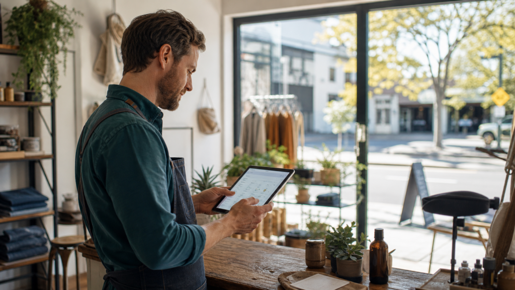 Small business owner using tablet