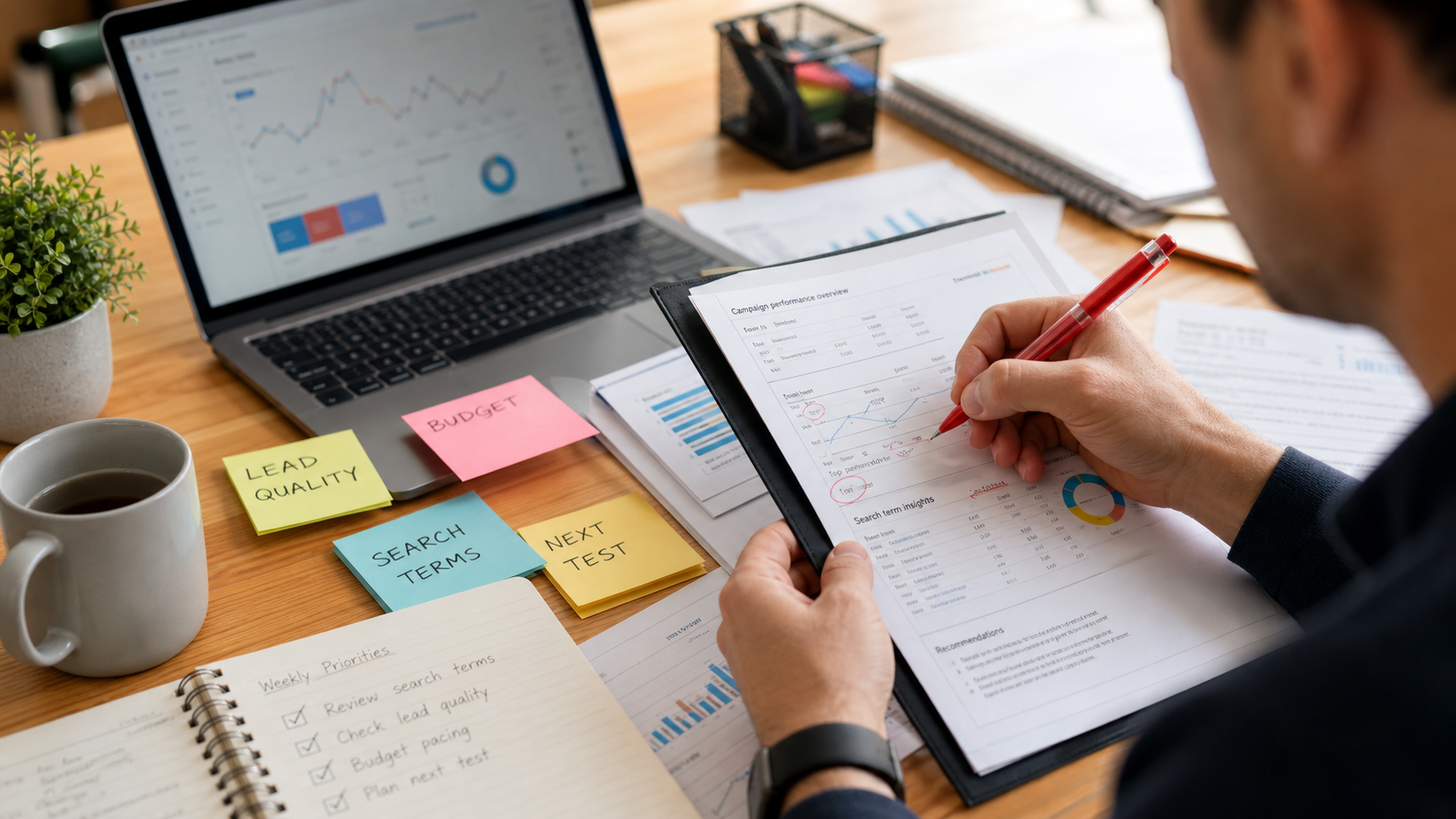 Marketing strategist reviewing automated Google Ads report with budget and lead quality notes