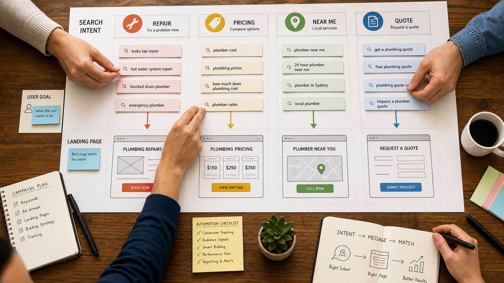 Google Ads search intent cards mapped to landing page wireframes