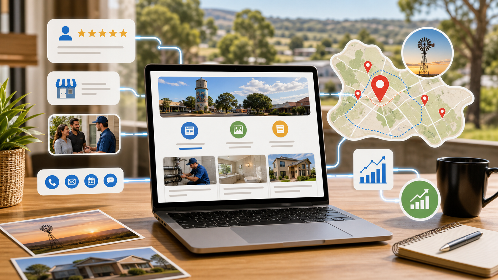 Kingaroy local SEO workflow showing website optimisation reviews service area map pins photos and enquiry analytics