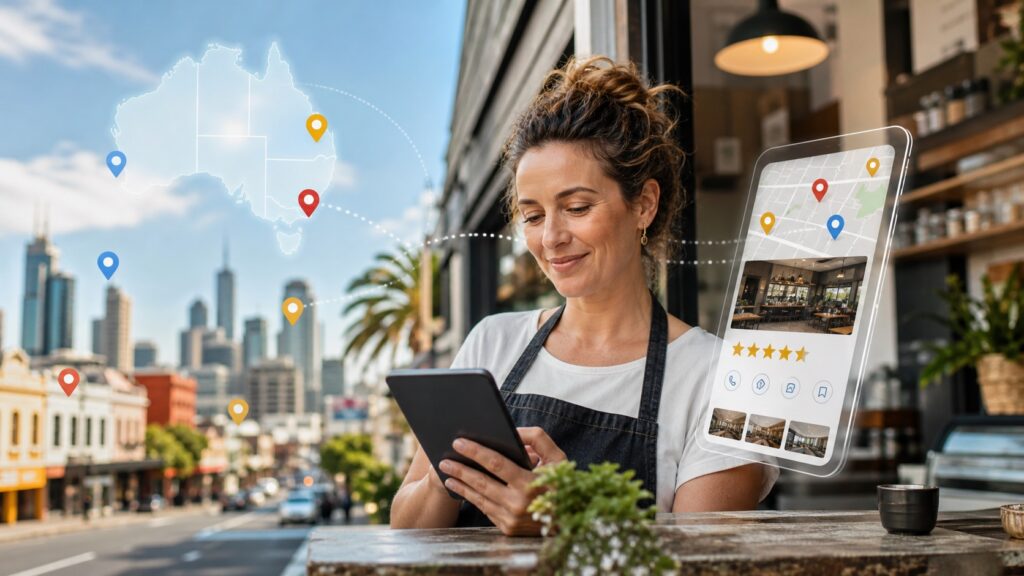 Australian local business owner reviewing map listings and review signals on a mobile device