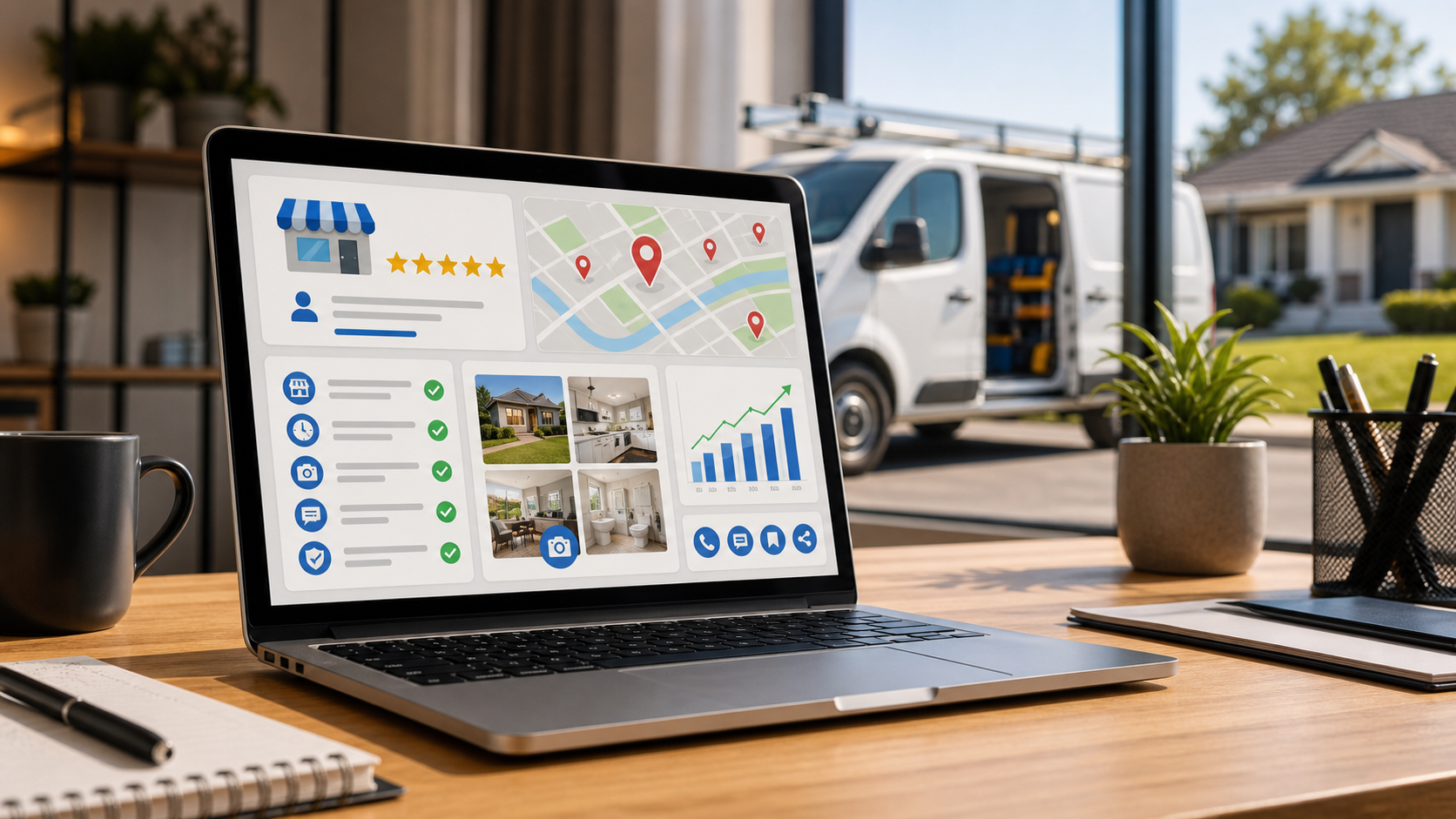 Service business owner reviewing local SEO dashboard with map pins reviews and enquiry icons