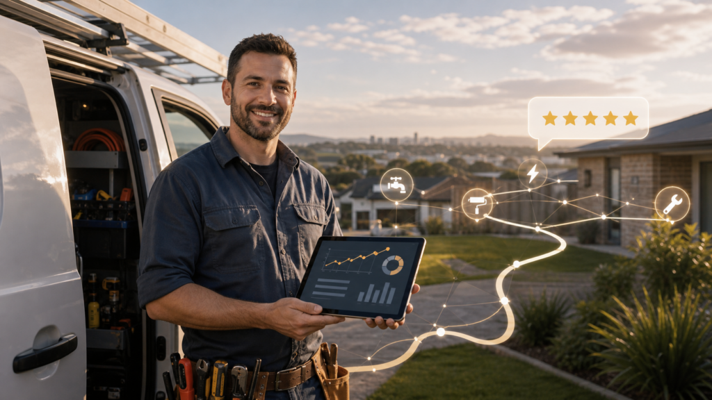 Campbelltown service business owner at a suburban job site with local SEO performance overlays and review signals