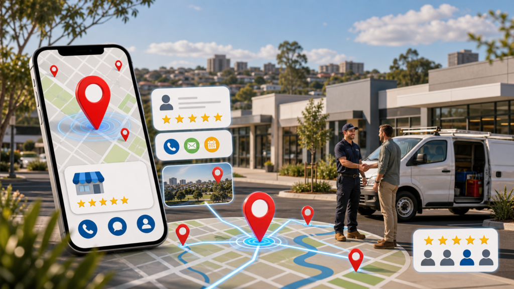 Local SEO Campbelltown concept with Macarthur service business map pins reviews mobile search and enquiry icons