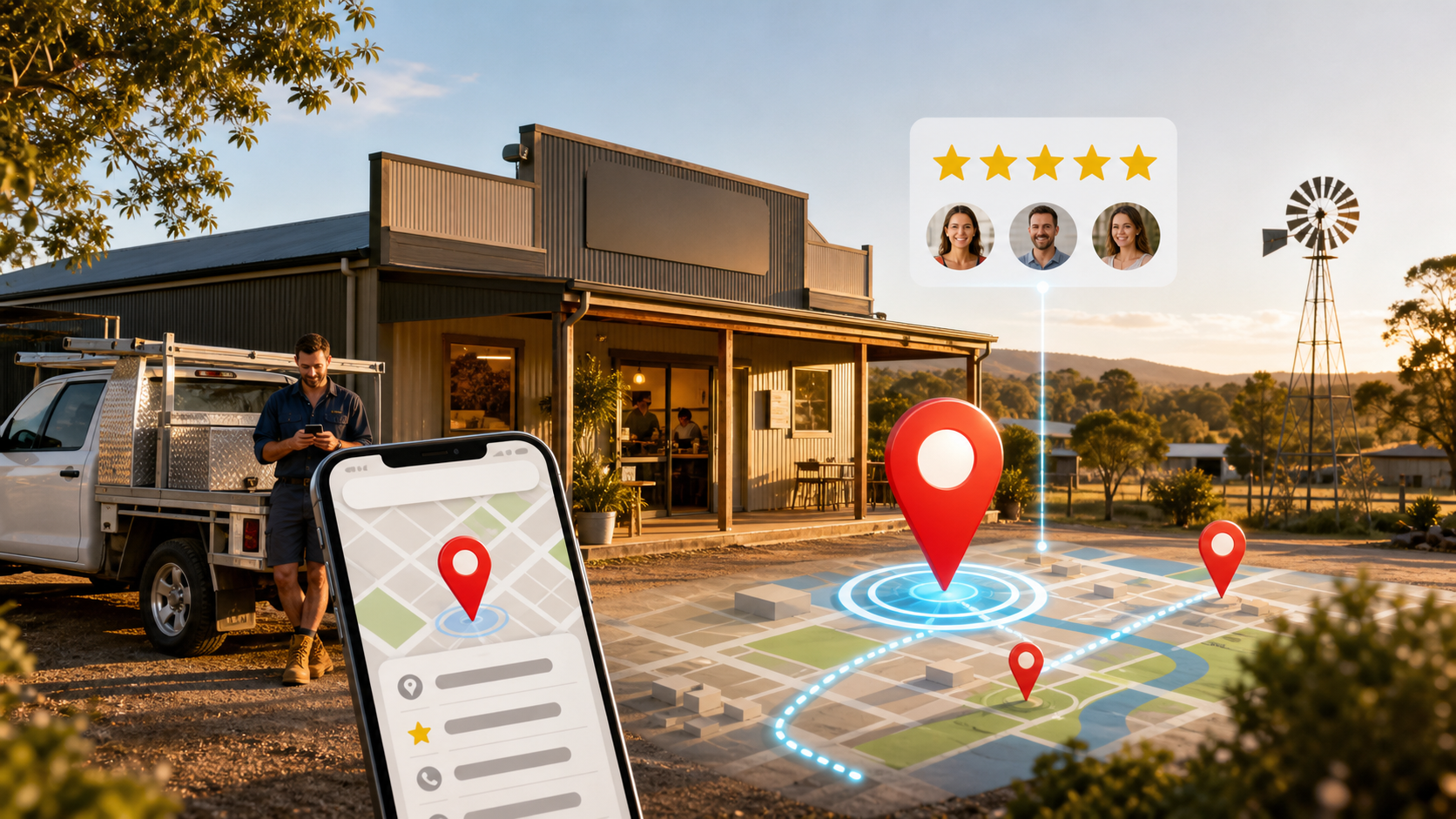 Local SEO Kingaroy concept with regional service business map pins reviews mobile search and customer enquiry signals