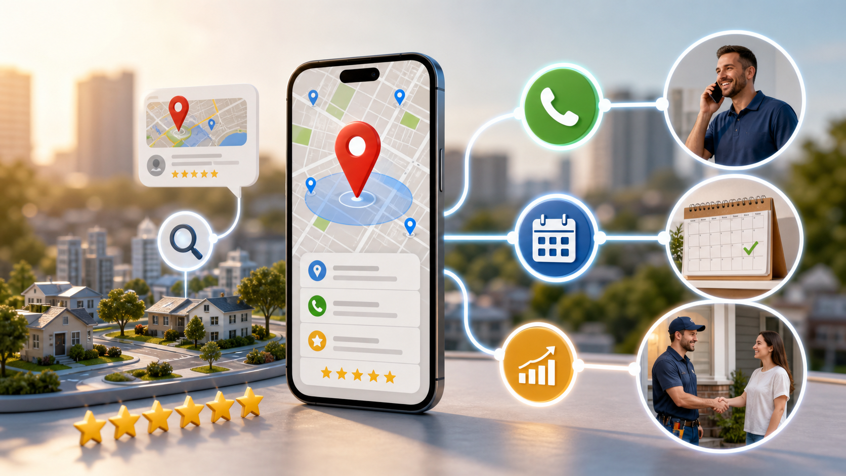 Local SEO lead generation workflow connecting maps mobile search calls and appointment bookings