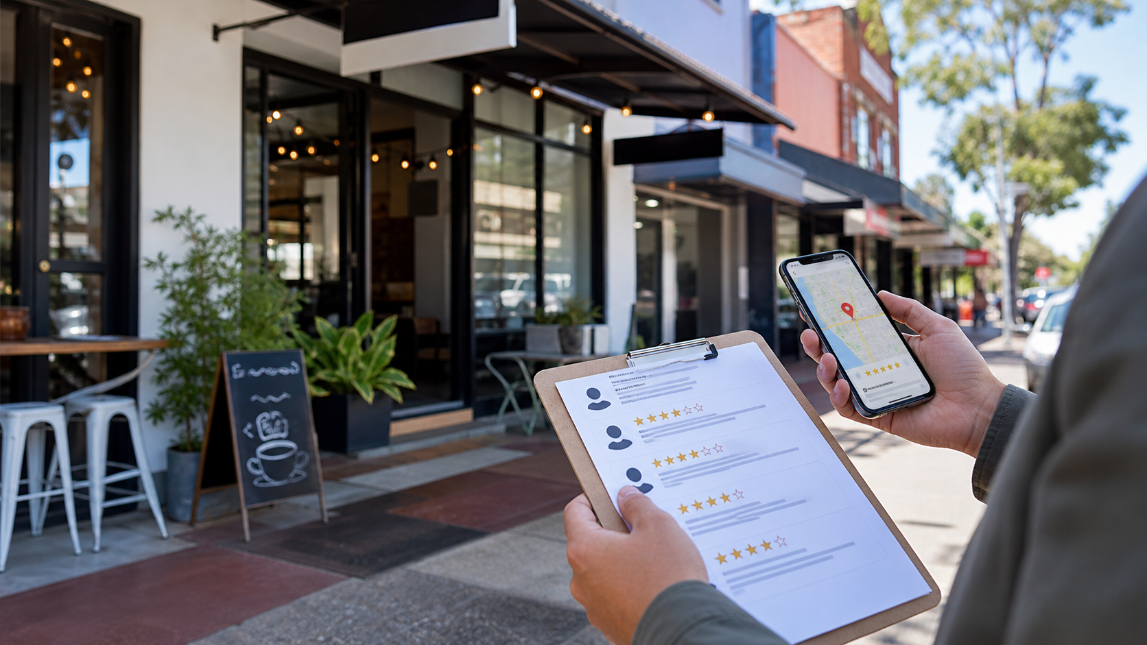 Local SEO planning with map pins review cards and Australian shopfronts