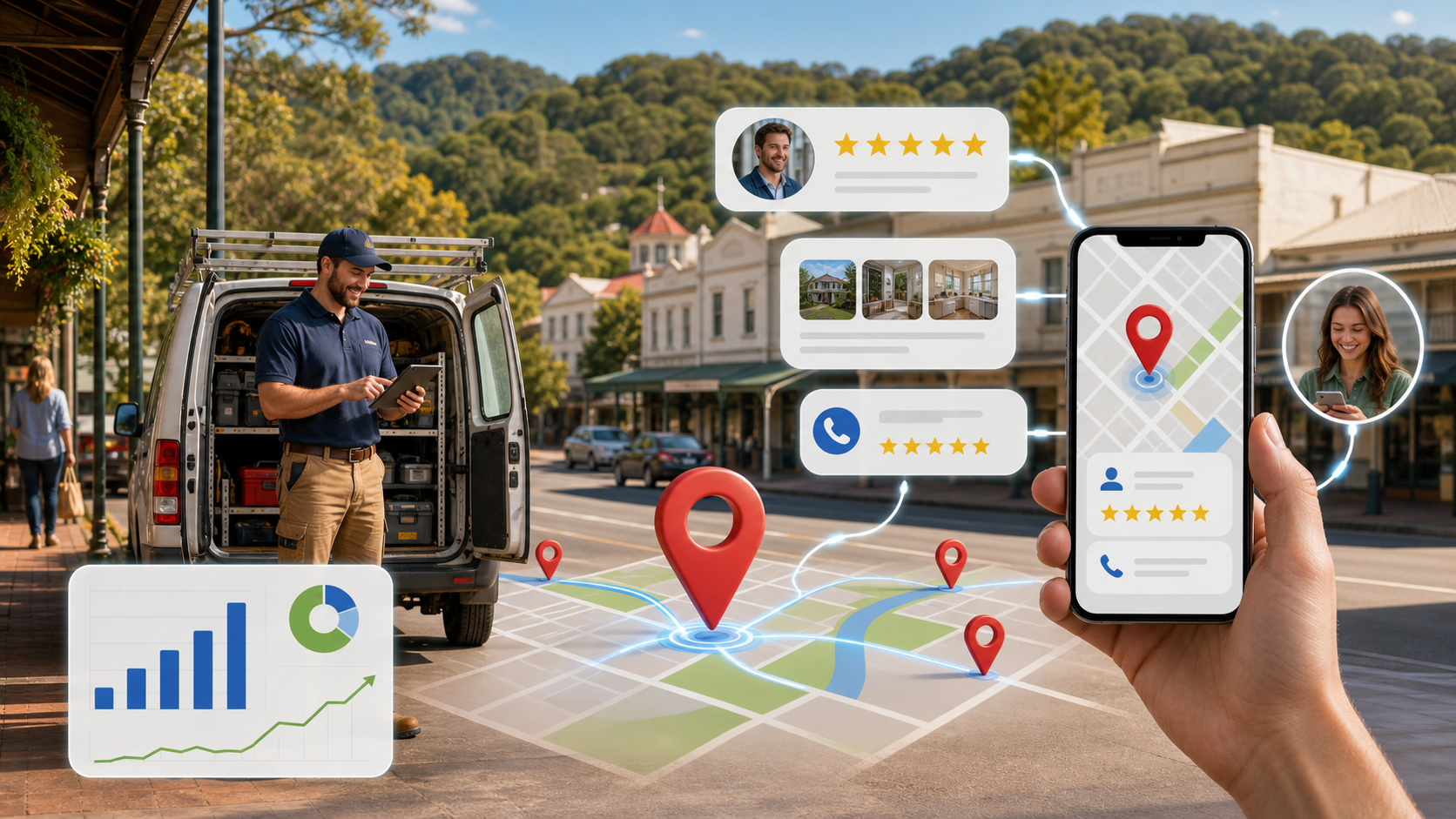 Local SEO Murwillumbah concept with regional business map pins review stars and mobile search visibility
