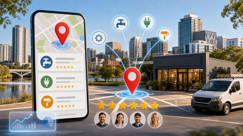 Local SEO Parramatta concept with Western Sydney business district map pins reviews and mobile search visibility