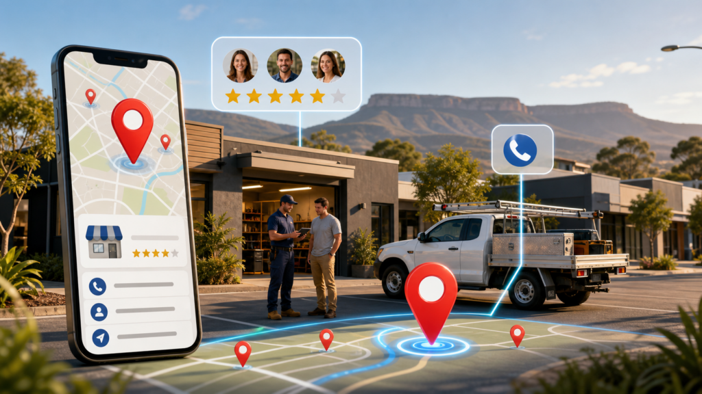 Local SEO Penrith concept with Western Sydney service business map pins review stars and mobile search cards