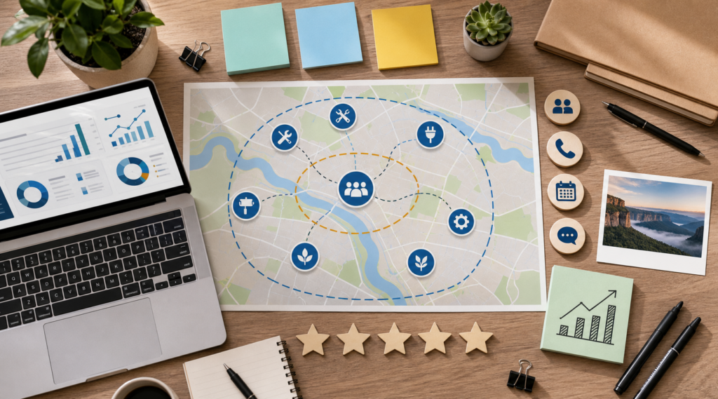 Penrith local SEO strategy desk with service area planning analytics reviews call tracking and booking symbols