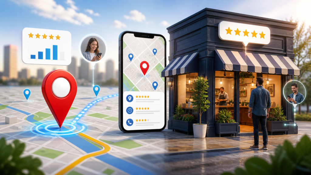 Local SEO concept showing a service business on a city map with local search pins and customer visibility signals