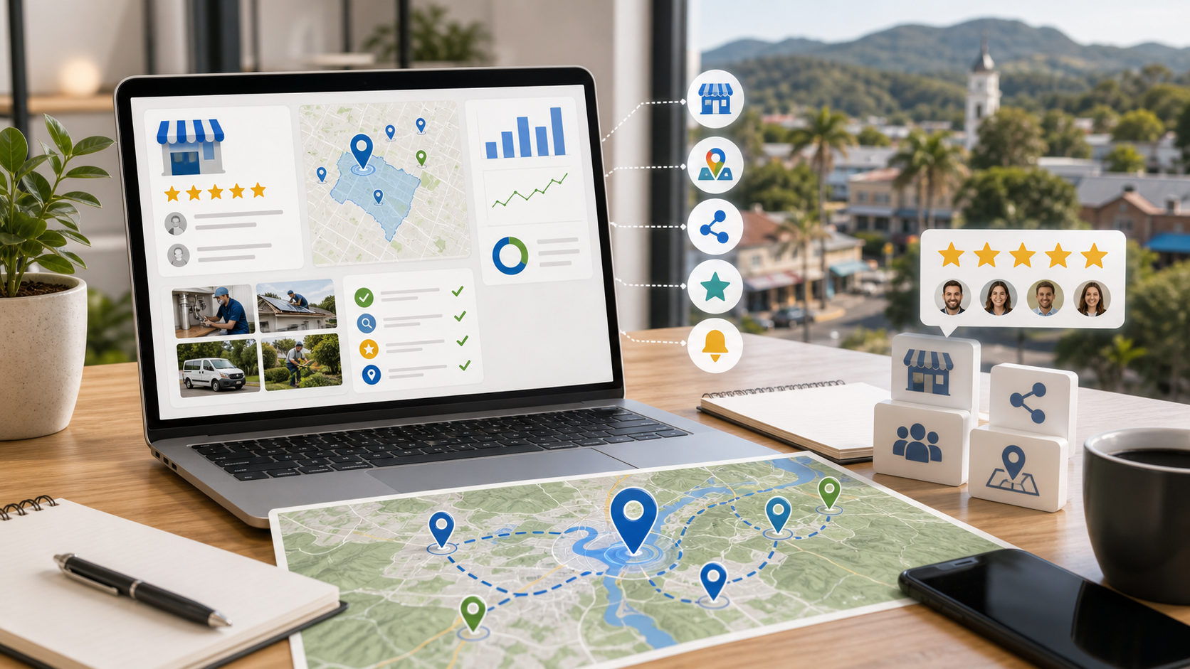Murwillumbah local SEO workflow showing service area map pins reviews citations and website optimisation
