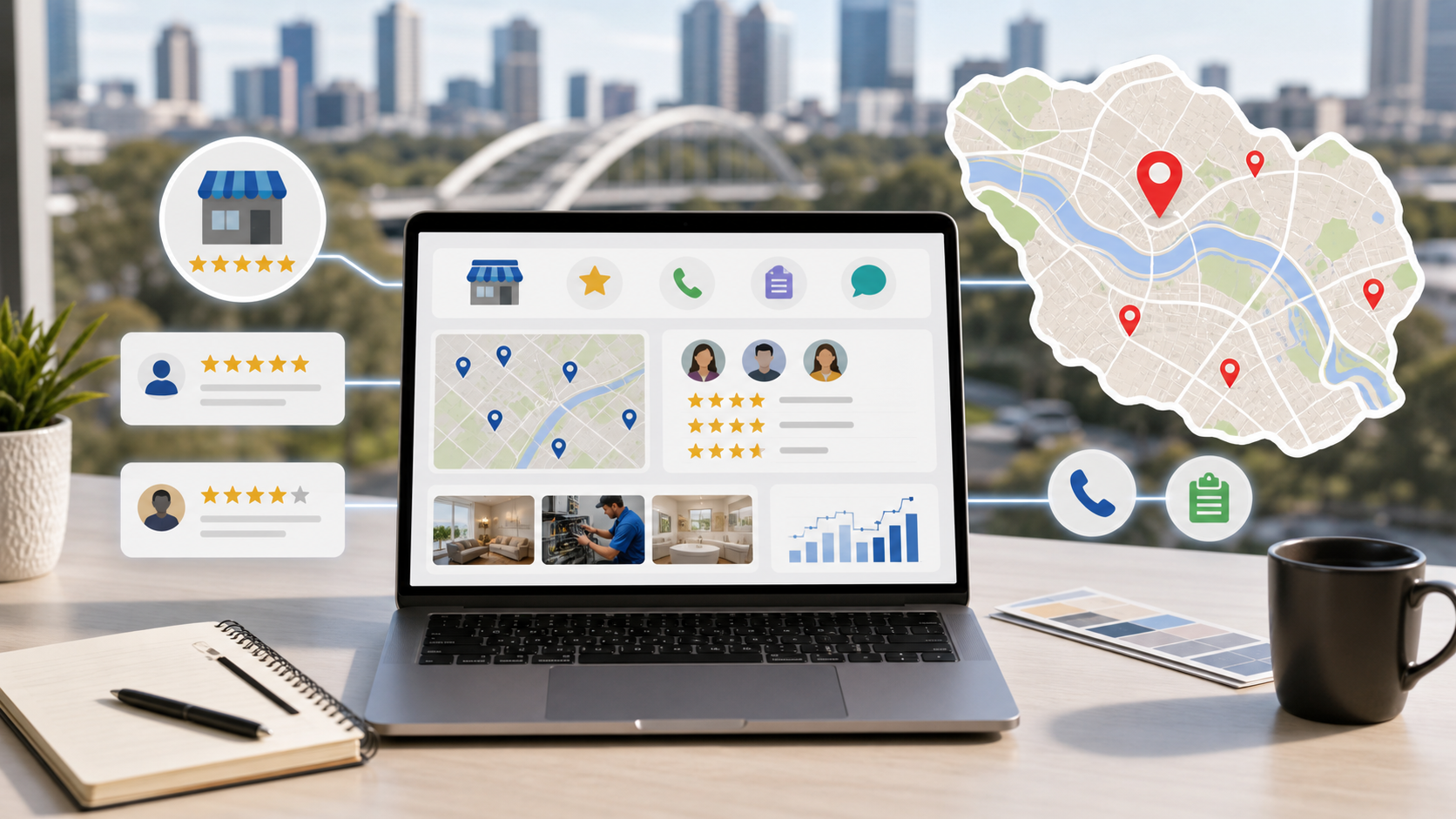 Parramatta local SEO workflow with service area map review stars phone call icons and website optimisation dashboard