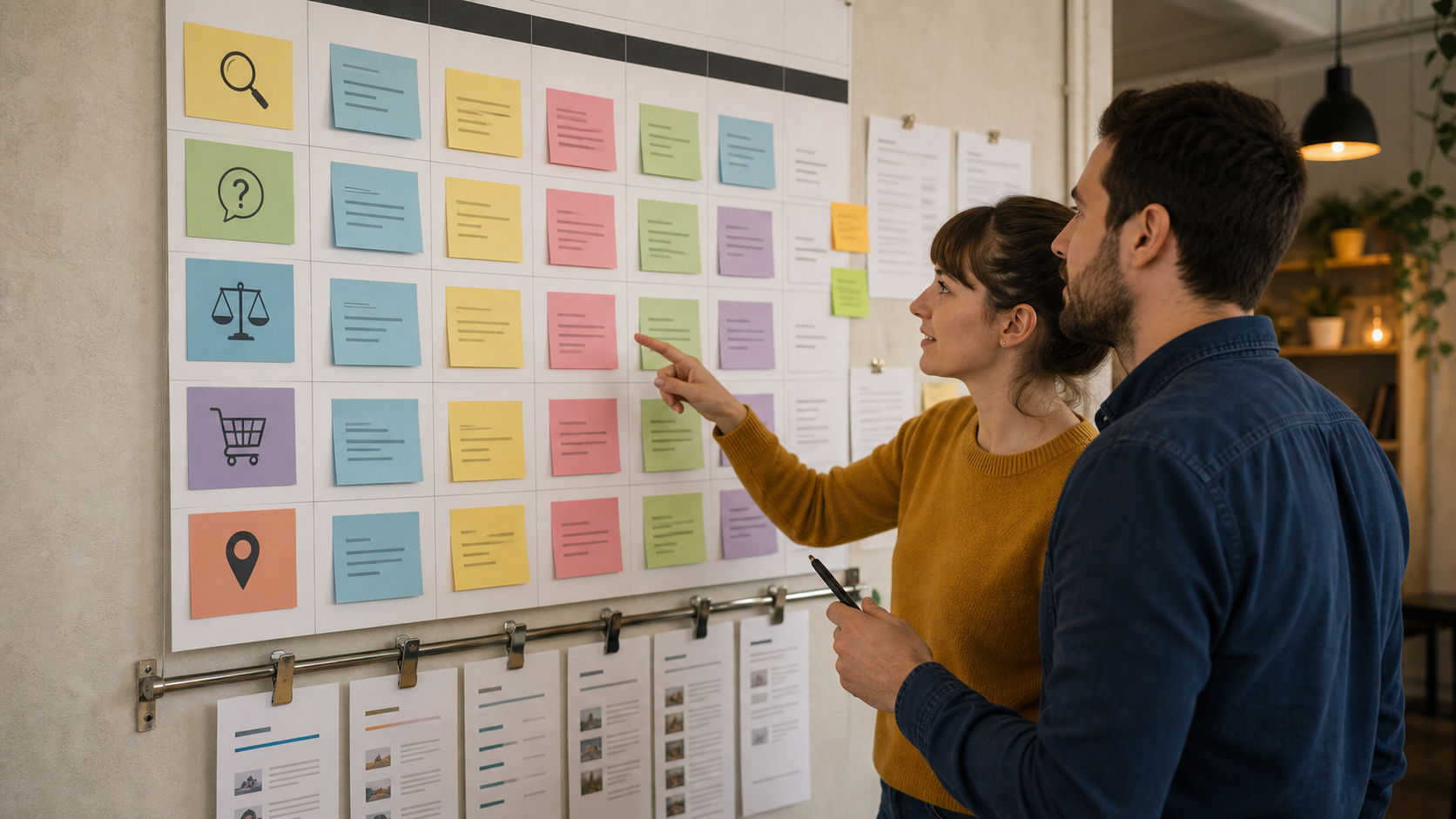 SEO content calendar board with search intent cards and article outlines