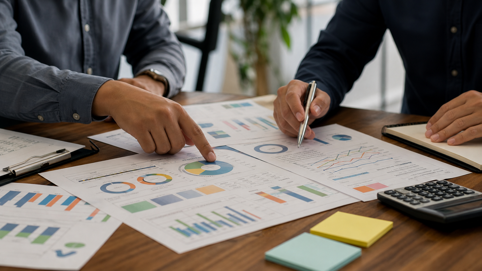 Monthly SEO reporting scorecards reviewed on a conference table