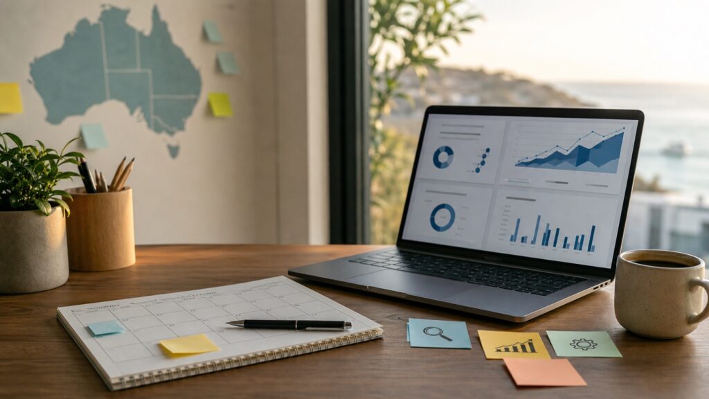 Australian SEO timeline concept with analytics dashboard, calendar, and steady growth chart