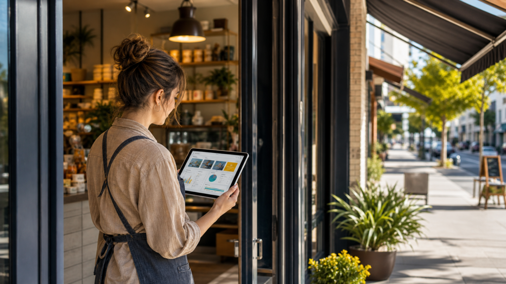 Australian small business owner reviewing social media marketing results on a tablet outside a storefront