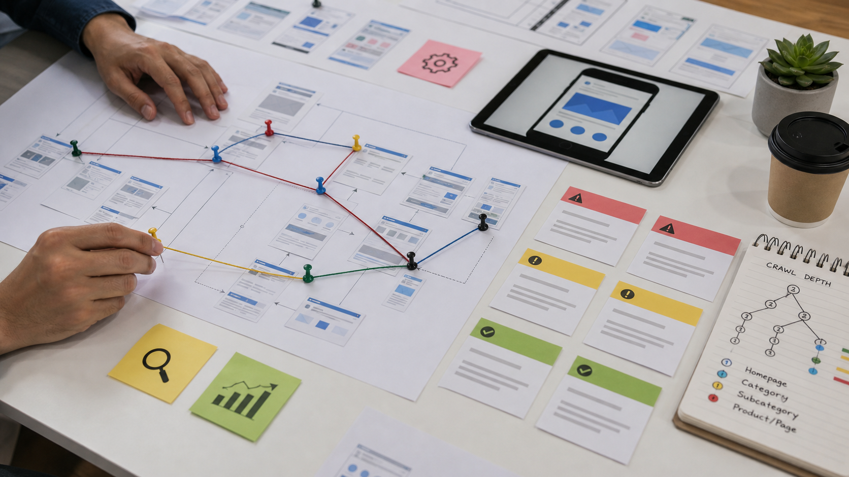 Technical SEO site architecture audit with page map and crawl issue cards