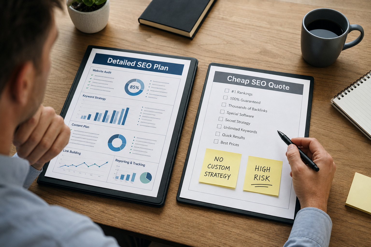 Business owner comparing a detailed SEO plan with a cheap SEO quote