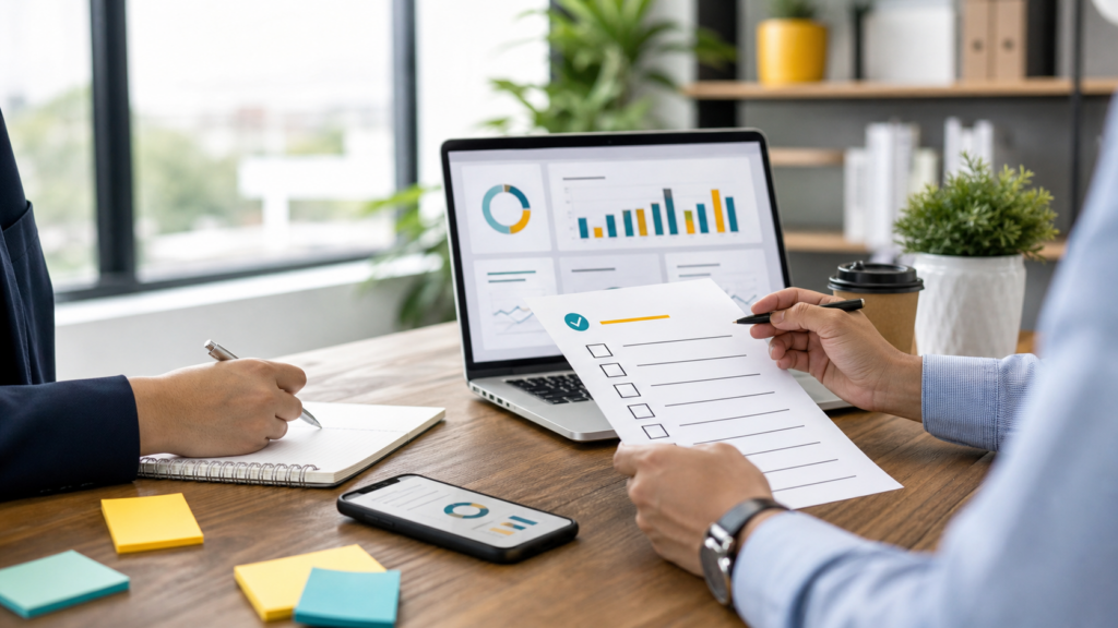 Marketing professionals review performance data, analytics, and an optimization checklist