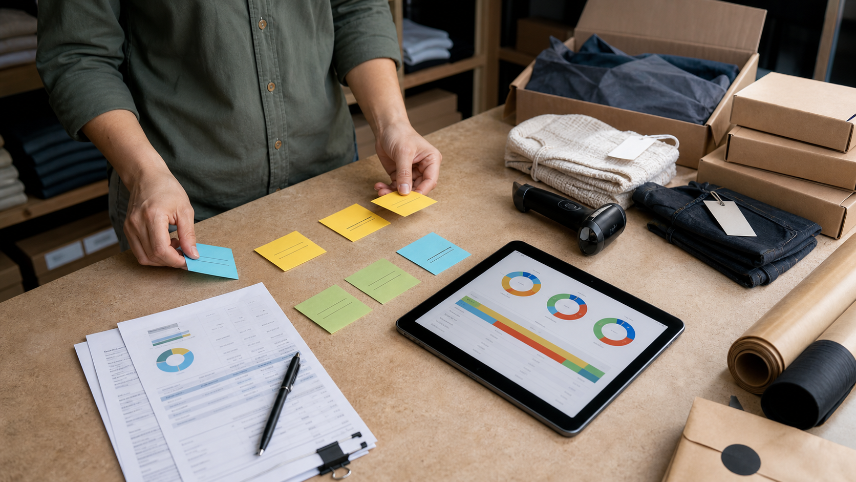 Retail business owner planning a monthly Google Ads budget with campaign notes