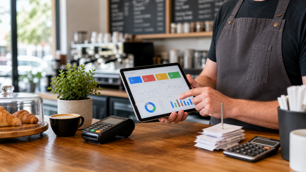 Small business owner reviewing analytics