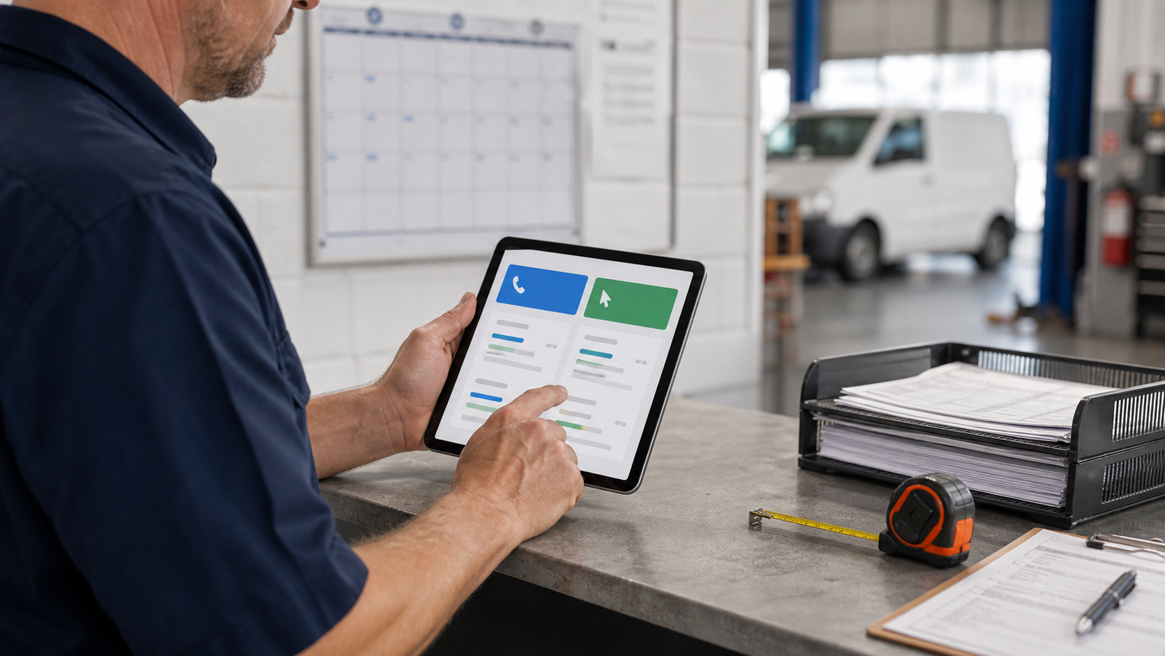 Trade business owner reviewing Google Ads cost per click and lead enquiries