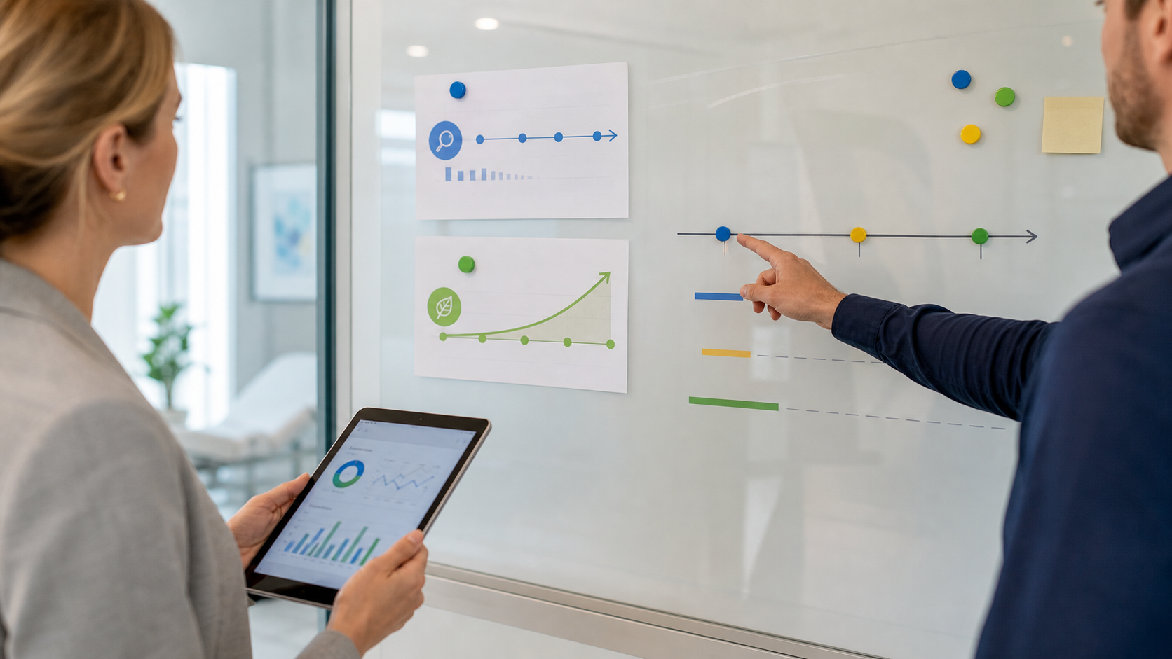 Business team comparing Google Ads and SEO timelines for lead generation