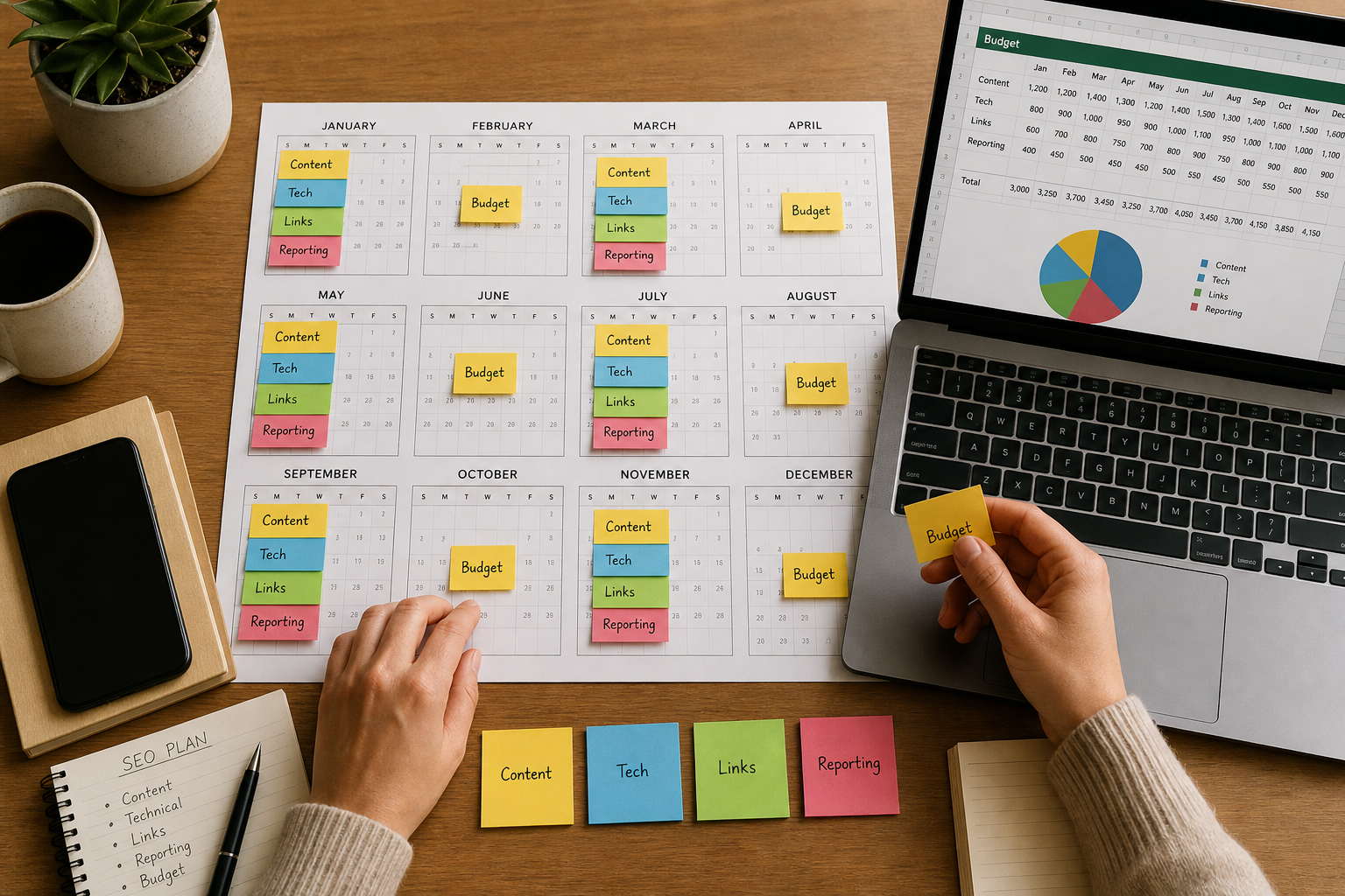 Small business SEO budget calendar with content technical links and reporting tasks