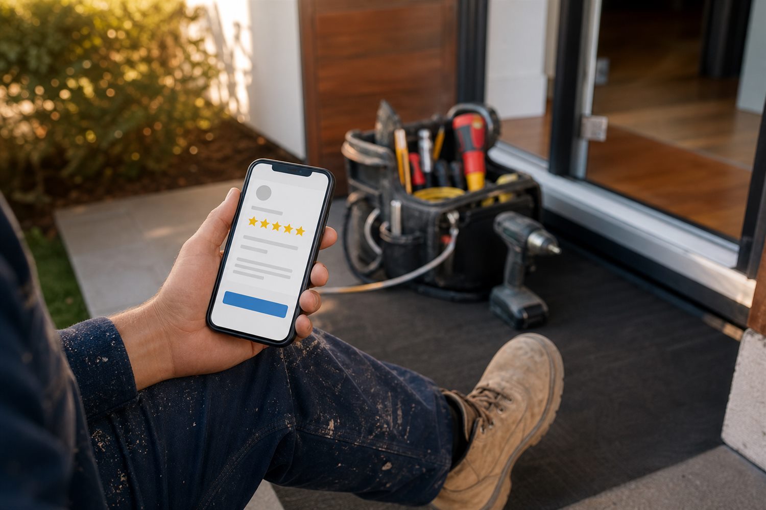 Tradesperson requesting a customer review after completing a job
