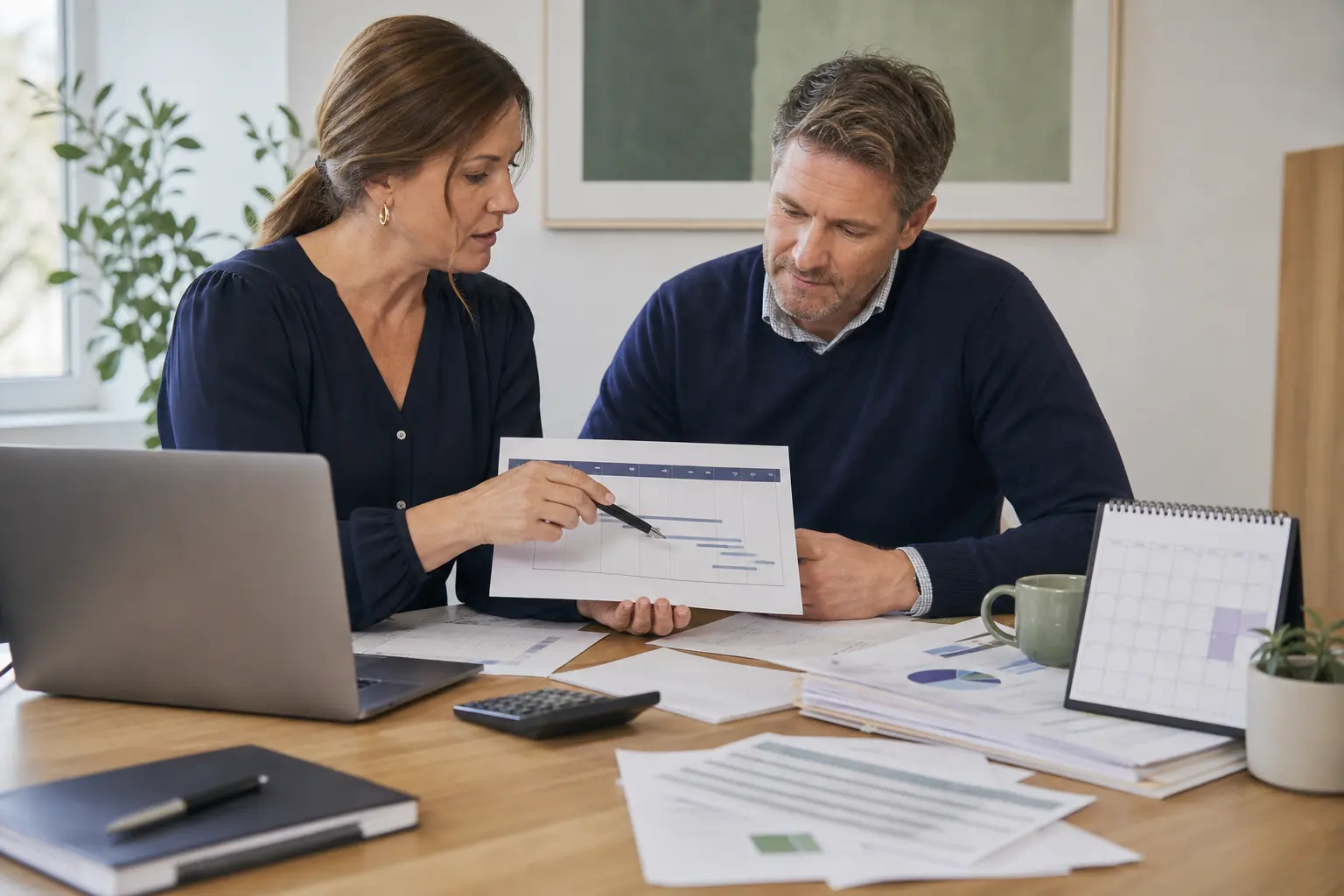 Australian business owner reviewing EOFY marketing plans with an adviser