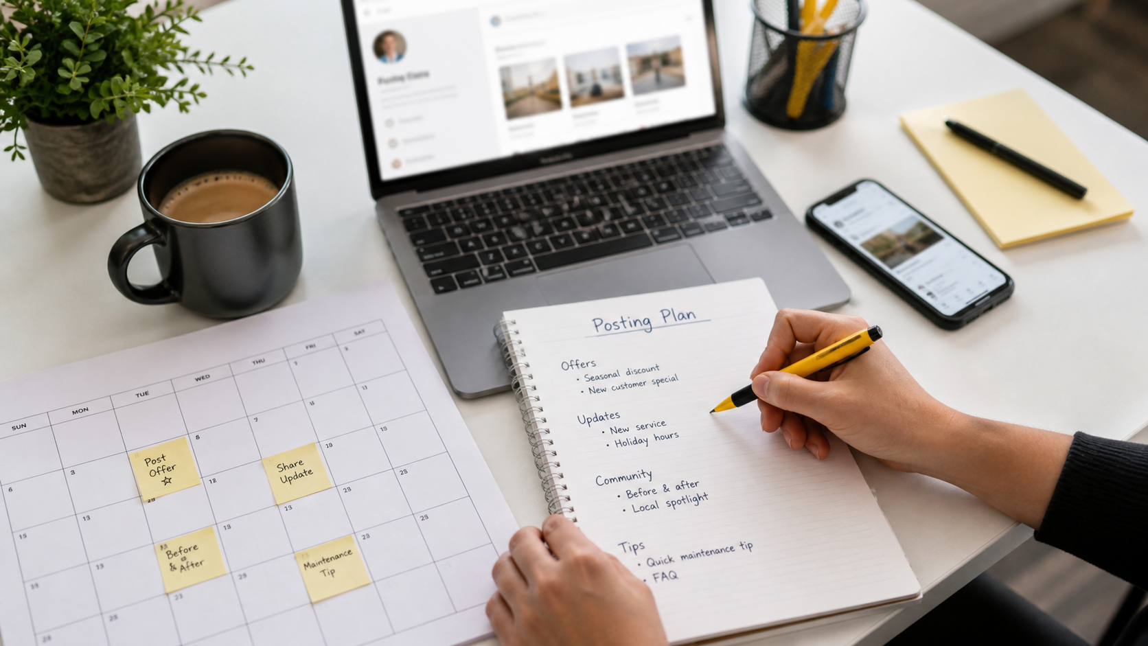 Planning calendar with GBP posts ideas for local business updates and offers