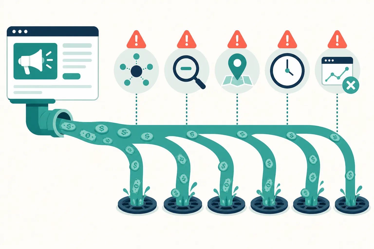 Illustration of five common Google Ads budget leaks