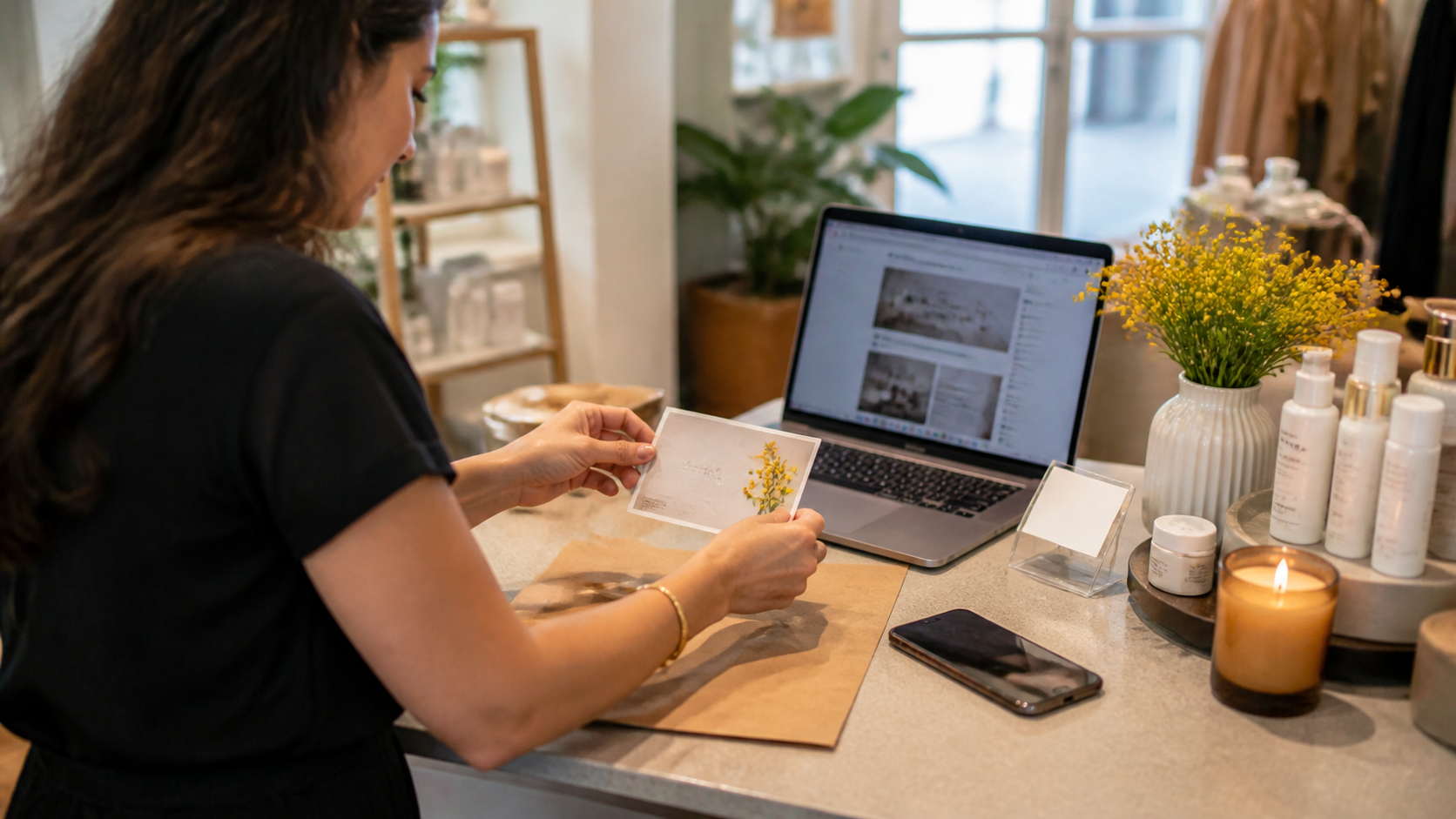 Business owner preparing an offer photo for Google Business Profile posts