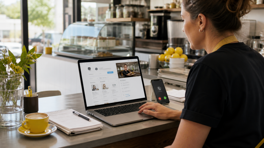 Café owner reviewing customer enquiries