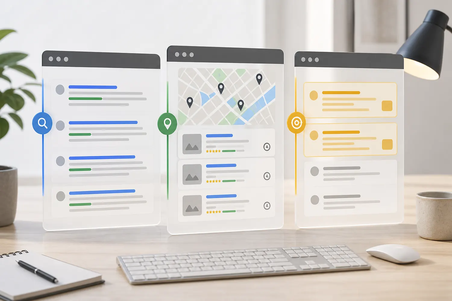 Comparison of organic results, Google Maps listings and search ads