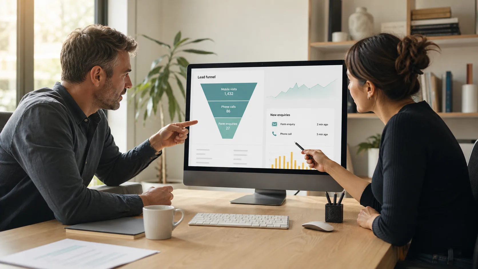 Small business team reviewing website lead funnel results